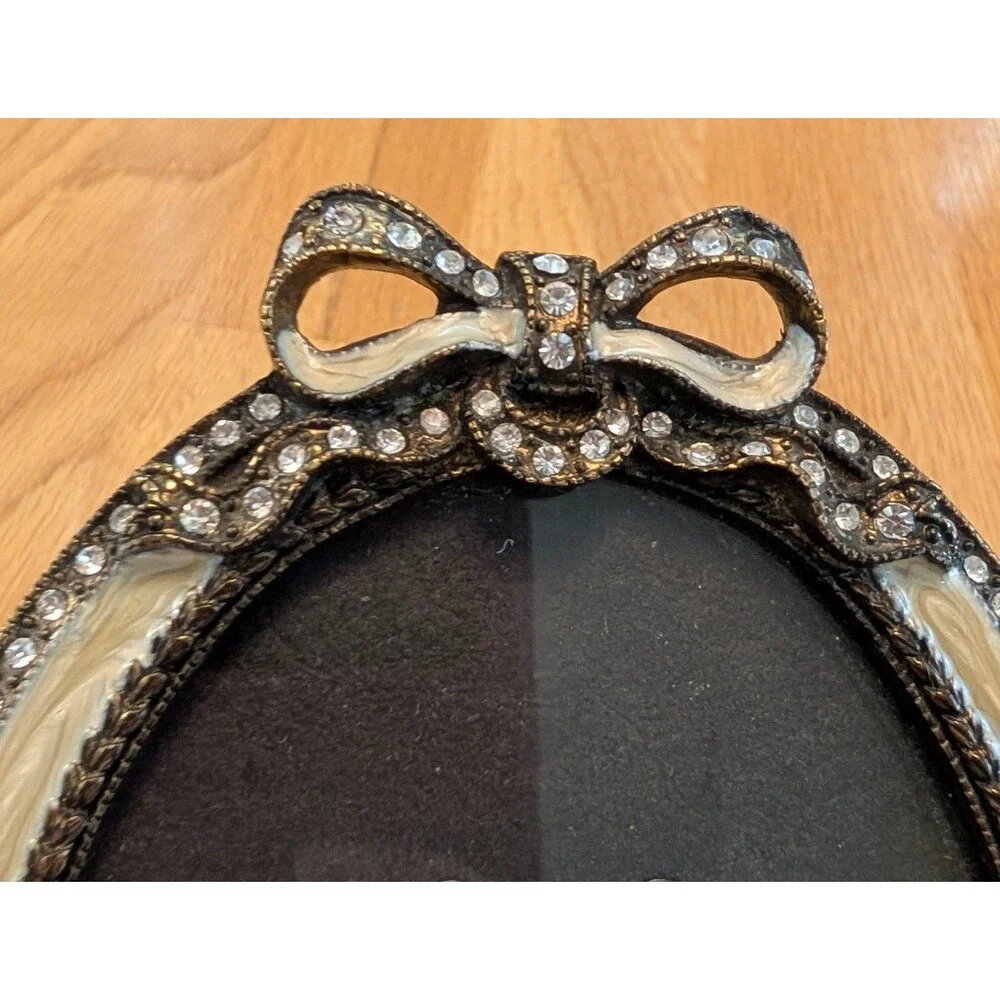 Faux Pearl Gold Rhinestone Oval Photo Frame Standing Ornate 3.5